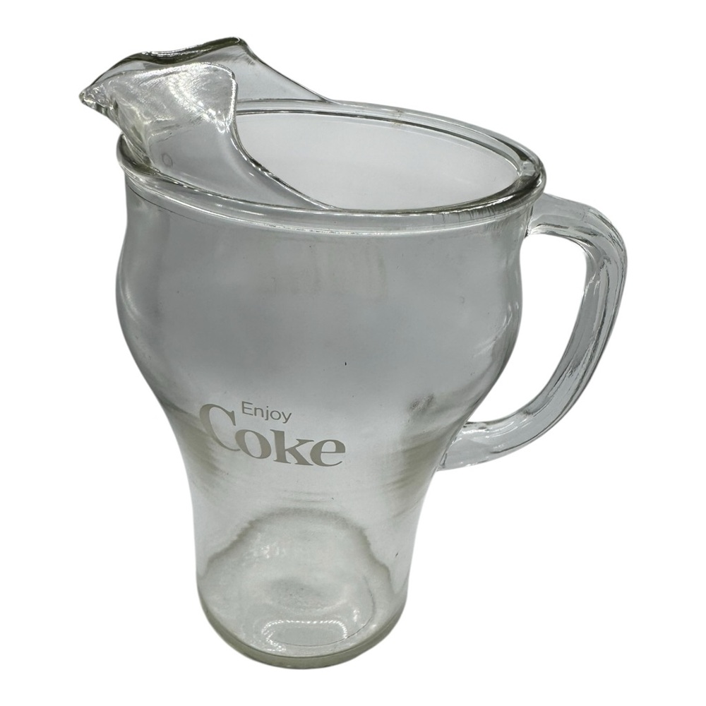 Vintage Enjoy Coca-Cola Glass Pitcher Etched‎ Logo Contour Shape 1970s 64oz
